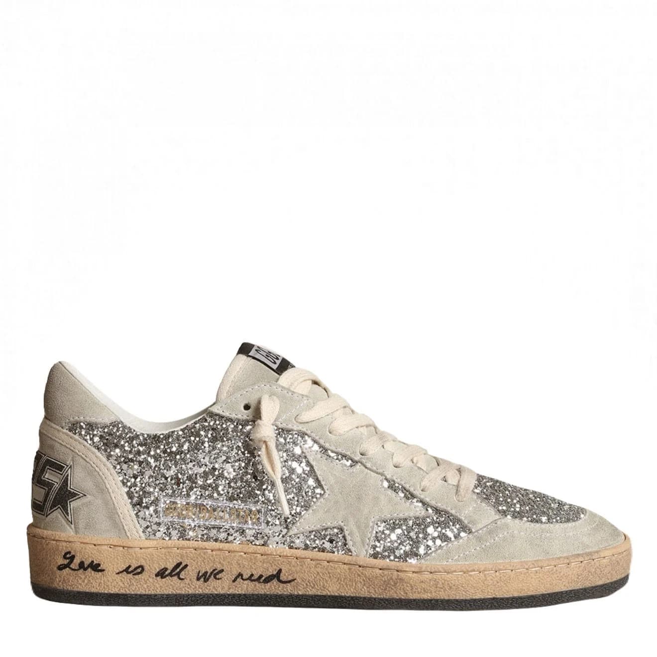 Ball-Star in silver glitter with ice-gray suede inserts
